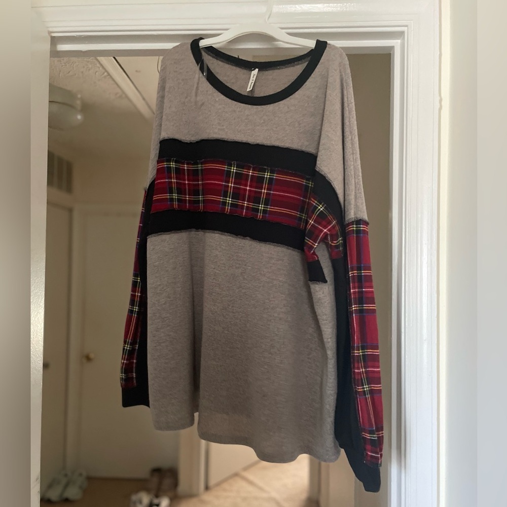 Plaid Accent Gray Sweater
